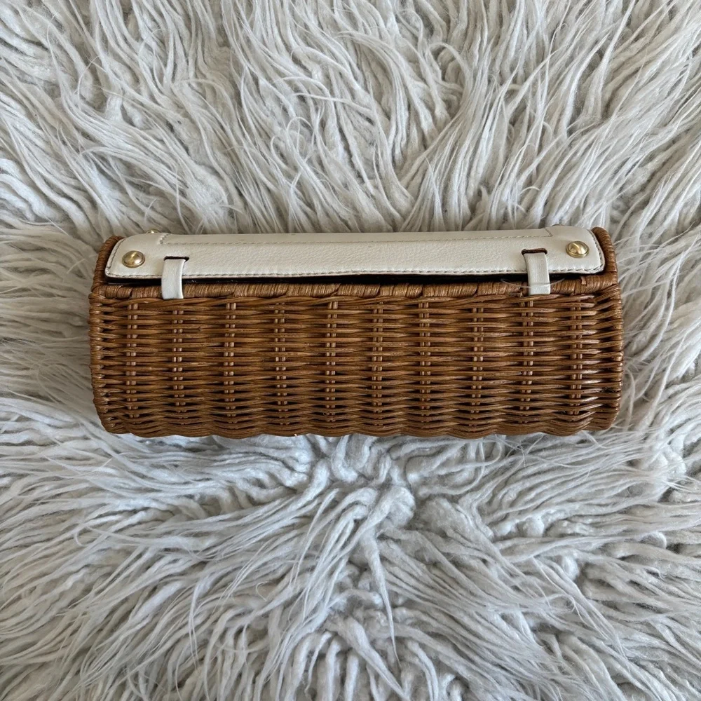 Michael Kors Wicker Minaudière Santorini White Leather Gold Studded Straw Clutch